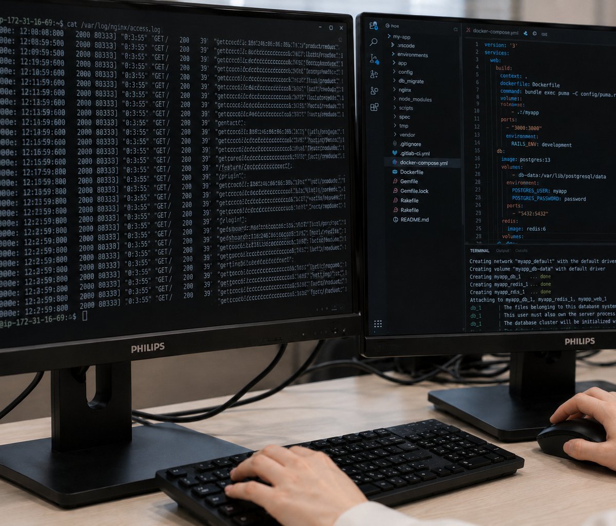 複数のモニターでサーバーとネットワークを運用する様子